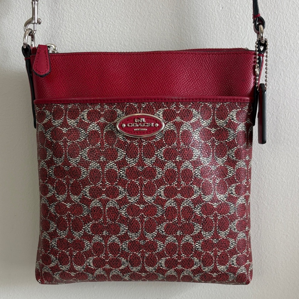 Coach Signature Red Crossbody Bag Leather Trim